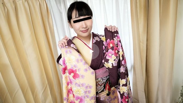 A girl with soft big breasts in long kimono cumming